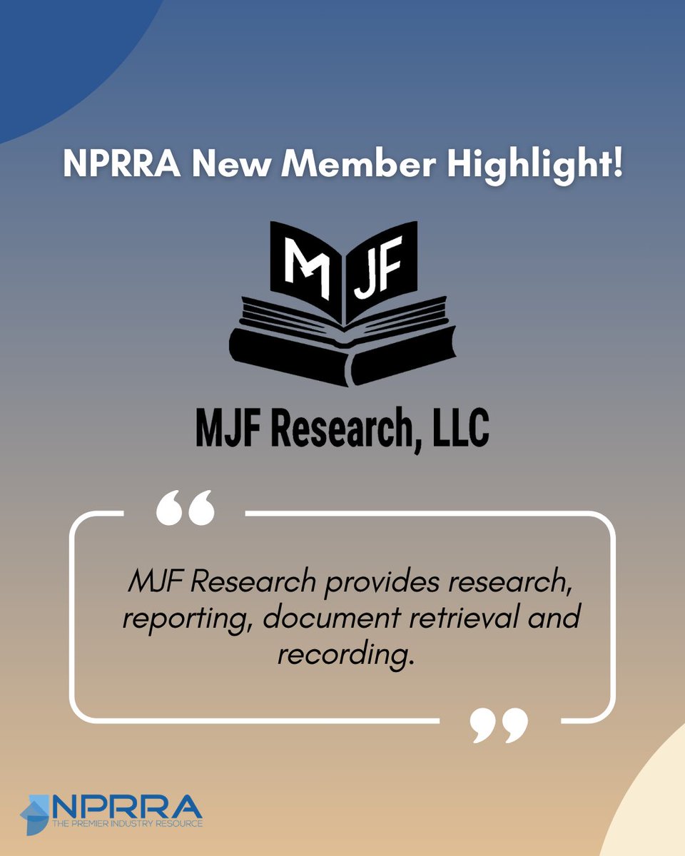 Shout out to our newest NPRRA member, MJF Research, LLC!

MJF Research provides research, reporting, document retrieval, and recording. We are so excited to have you as a part of NPRRA!
🔗Learn More: mjfresearch.com