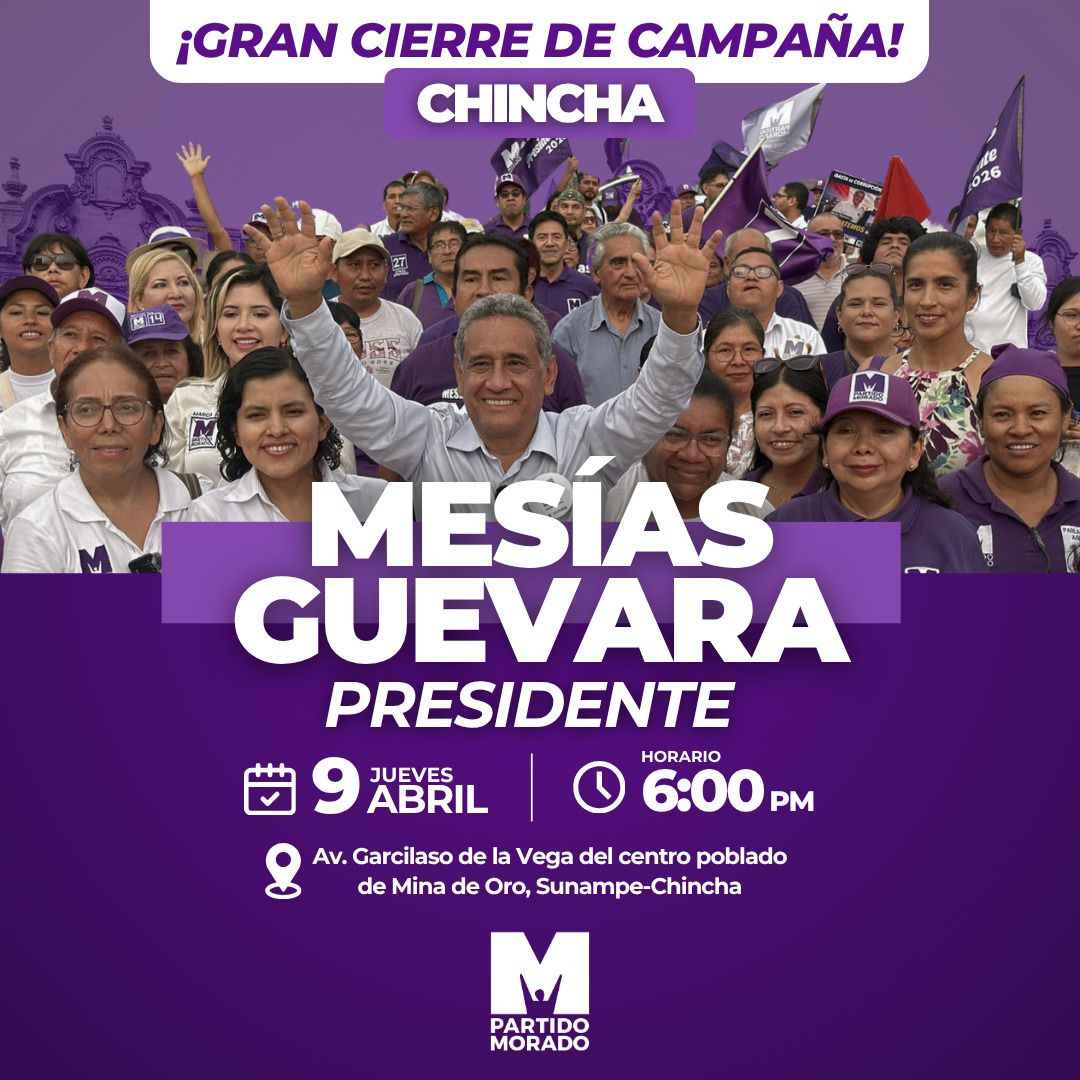 partidomorado's tweet photo. 🟣 ¡GRAN CIERRE DE CAMPAÑA!

Este jueves 9 de abril invitamos a todos nuestros militantes, simpatizantes y al público en general a ser parte de este gran encuentro en Sunampe, Chincha. https://t.co/oSlUSZz962