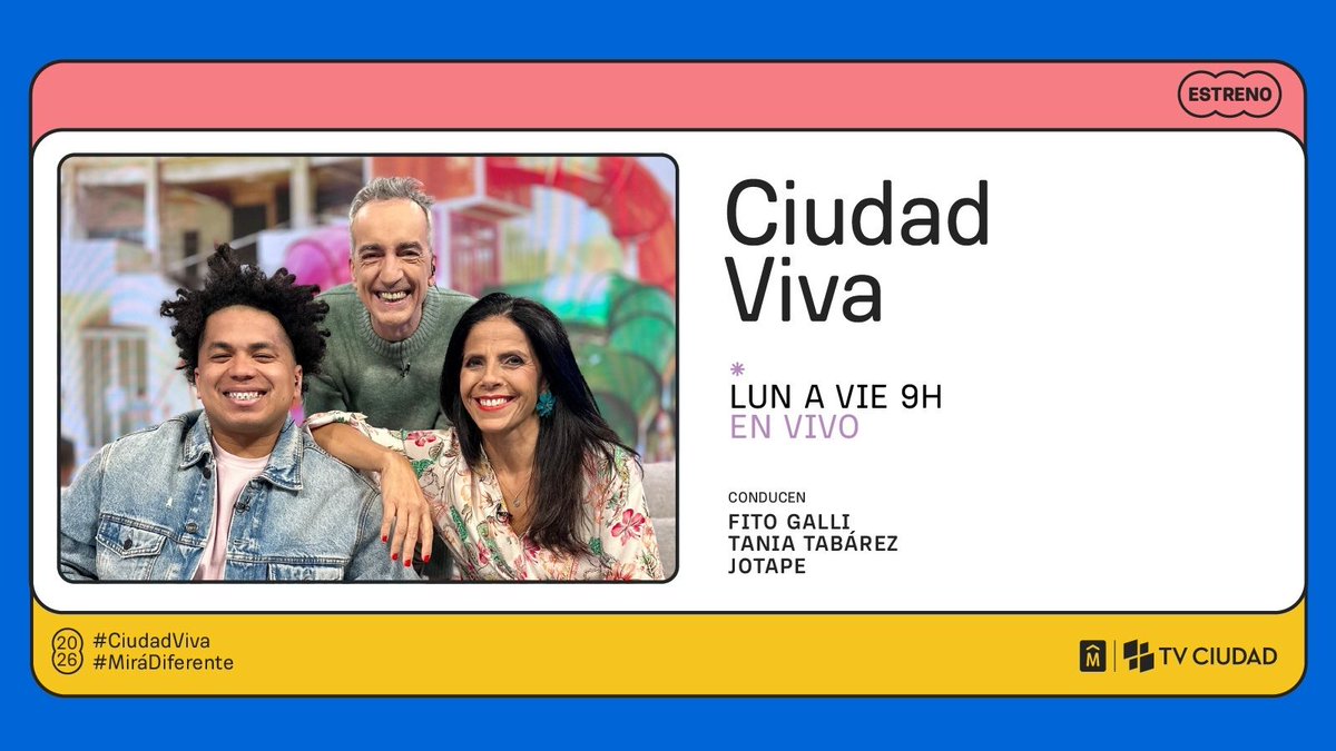 TVCIUDADuy's tweet photo. ¡Viernes! 🥳

Hoy en #TVCiudad

📰 8:30, 13 y 19h #InfoCapital • En vivo
🧉 9h #CiudadViva • En vivo
🤸‍♀️ 11h #EnMovimiento
🚨 14h #HonoresPoliciales
🎙️15:30h #LaSalaImaginaria • Streaming
🐣 17h #PaseoAnimado
🏆18h #ClubesConHistoria  • Club de Bochas los 33
🗺️18.30h #Entornos • Soca
🎼20h #Eventohomenaje • Zitarrosa 90 • En vivo
🔙 22h #MúsicosenlaCiudad • Fernando Condon
🔙 22.15h #MúsicosenlaCiudad • Lydia Indart

Seguí @TVCIUDADuy
📺#MiráDiferente