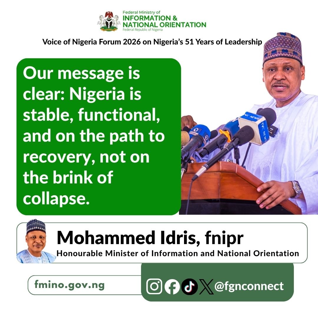 fgnconnect's tweet photo. Key takeaways from the Honourable Minister of Information and National Orientation, Mohammed Idris, at the Voice of Nigeria Forum 2026, reflecting on Nigeria’s 51 years of leadership and the nation’s forward path. https://t.co/Exhv9EAtDg