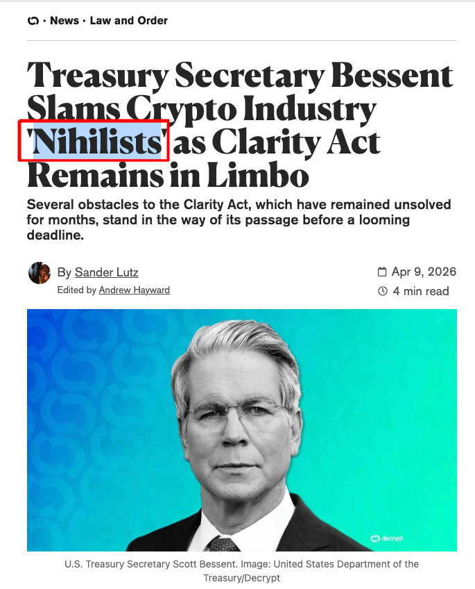 br6xs's tweet photo. This might be the one of the best narratives i ve seen in a long time:
https://t.co/atrrWpO0nC

The officiall Treasury Secretary called whole crypto "Nihilist"

Nihilism means nothing and memecoins also hold no value

We should also run the coin with symbol of Nihilism
https://t.co/o6SSTv1RYX

This is useless 2 imo
