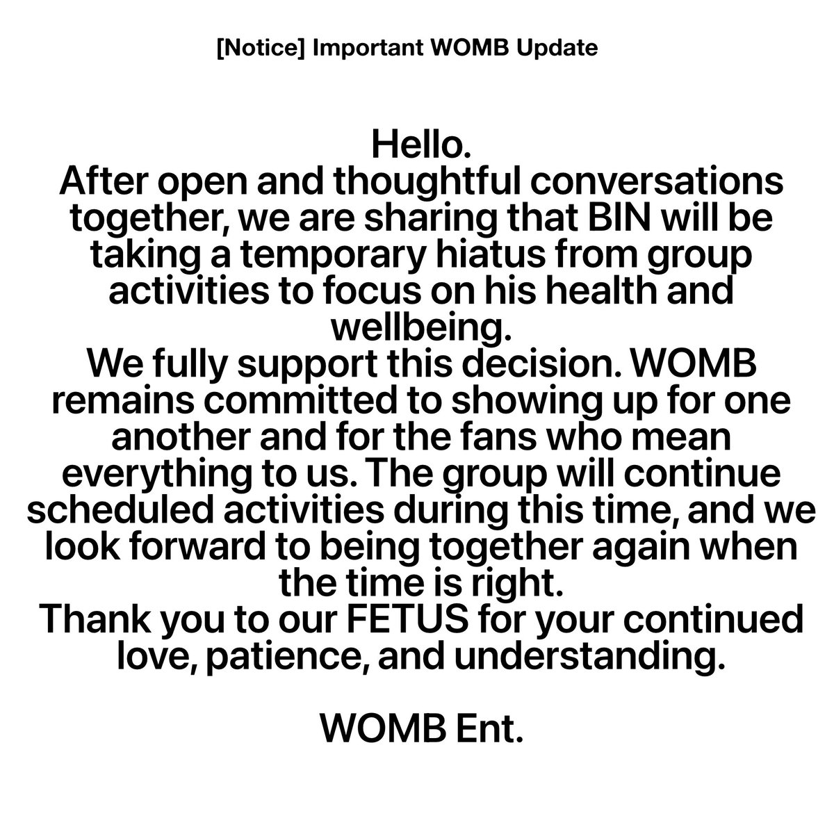 [Notice] Important WOMB Update.

#WOMB_NPOP #WOMB #BIN #빈