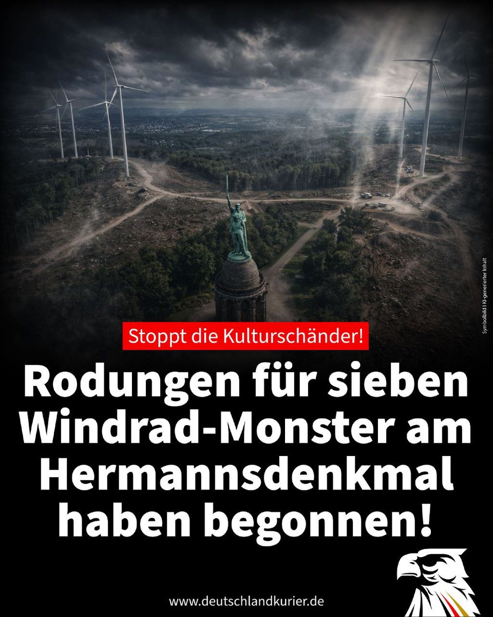 Shinsho_ni's tweet photo. Trotz noch laufender Klagen haben im Teutoburger Wald unweit des Hermannsdenkmals die Rodungsarbeiten für sieben riesige Windkraftanlagen begonnen.

Ich halte das für einen Skandal. Das Hermannsdenkmal als Symbol deutscher Geschichte steht in einer einzigartigen Kulturlandschaft. Aus meiner Sicht ist es unverantwortlich, dort alte Bäume zu fällen und über 250 Meter hohe Türme mit Betonfundamenten aufzustellen. Das zerstört Natur und das historische Erscheinungsbild eines nationalen Wahrzeichens.

Die AfD fordert zu Recht einen sofortigen Stopp. Ich finde, Denkmalschutz und der Erhalt intakter Wälder sollten hier klar Vorrang haben. Es erscheint mir so, als ob die Energiewende jede Rücksicht auf Tradition und Landschaft verliert.

Die Energiewende in ihrer jetzigen Form halte ich für einen teuren Irrweg, der weder zuverlässigen Strom liefert noch die Umwelt schont, sondern vor allem schöne Landschaften und historische Orte zerstört. Es ist höchste Zeit, diese Politik kritisch zu hinterfragen und an manchen Stellen einfach zu stoppen.

Was denkt ihr dazu? Sollte man nicht endlich Schluss machen mit dem Zerstören unserer Wälder und Denkmäler zugunsten einer gescheiterten Energiewende?
https://t.co/WGtOzpDFs8
https://t.co/Y6kyJR1Tfz
https://t.co/OalUsbDu3o
Dies ist reine persönliche Meinung/Satire – keine Tatsachenbehauptung, keine Aufforderung zu Hass oder Gewalt. Quellen sind angegeben. Impressum: [@Shinsho_ni], privat betrieben, unabhängig & unbezahlt.