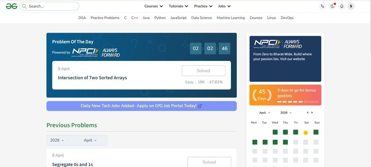 Saara729797's tweet image. 🔥 Day 45/60 – #GeeksforGeeks × #NPCI POTD Challenge
✅ Day 45 solved — Intersection of Two Sorted Arrays
🎯 Mission: 60 days straight
💻 Focused on Two Pointer + Duplicate Handling
#Day45 #60DaysOfCode #DSA #Coding #Programming #Java #Arrays #TwoPointers #DeveloperJourney 🚀