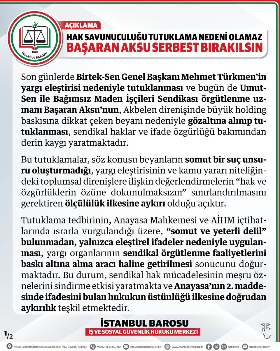 İstBaro İş ve Sosyal Güvenlik Hukuku Merkezi tweet media