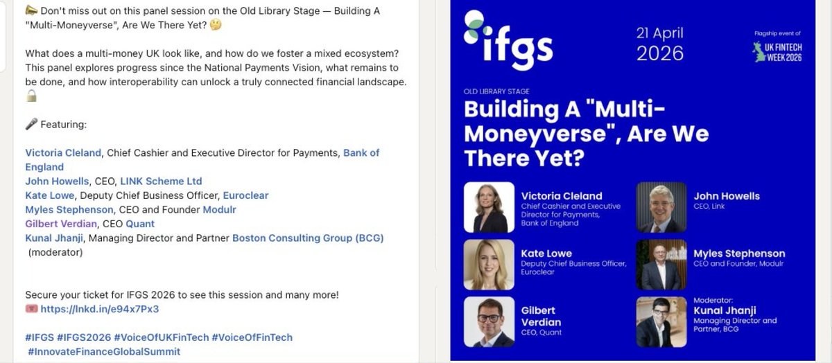 Tokenicer's tweet photo. Another UK FinTech event,

Another panel we'll be seeing $QNT CEO Gilbert Verdian discussing with industry leaders.

For IFGS UK FinTech Week, Gilbert will be on stage with:

• Bank of England
• Euroclear
• BCG
• Modulr

And the topic of the panel?

"Multi-Moneyverse"

This is obviously right up Quant's alley & we can see direct mentions of interoperability!

Quant being on stage right along core infrastructure like this says all you need to know.

And if you've been paying attention... There's some interesting ties here.

First is obviously the Bank of England.

We know Quant's long history with them from Gilbert's background, to Project Rosalind, to now the Sync Lab.

Then there's Euroclear.

Last year we saw Quant launch QuantNet.

This was a product that could connect legacy compliant rails to DLT.

Rails like SWIFT, CLS, CHAPS, ISO20022, etc.

Euroclear was also one of those solutions integrated.

They are one of the world's largest providers of domestic & cross-border settlement services.
––––

All in all... This is kinda what we expect from Quant Network these days.

We're no longer in the area of speculative theory.

From central banks, to commercial banks, to FinTechs

We've seen them all begin to adopt the IETF & ISO aligned API standards for the Future of Finance.

A future where legacy & DLT work in pure harmony.