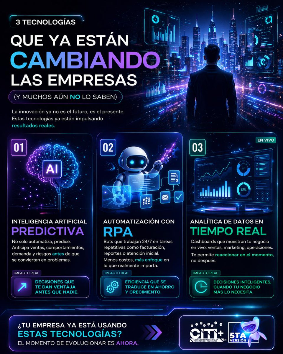citiplusco's tweet photo. 3 tecnologías que ya están cambiando las empresas (y están en #CITIplus 👀)

🧠 IA predictiva
⚙️ RPA
📊 Analítica en tiempo real

No es el futuro, es el presente.
La pregunta es: ¿ya las estás usando? ⏳

#TransformaciónDigital #Innovación #Tecnología https://t.co/vuXYtF2oyn