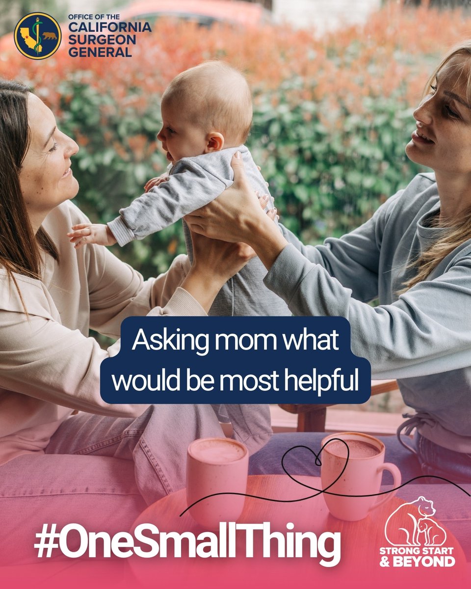 CA_OSG's tweet photo. Anyone can offer new moms comfort &amp; connection through simple acts of care. What's your #OneSmallThing?

🍼 Babysit for an hour
🍴 Deliver a nutritious meal
👚 Help with laundry
📞 Simply check in

Together, we can reduce preventable maternal deaths. 📲 https://t.co/Kpjj3ZBr7G https://t.co/4X8ohvF4vE