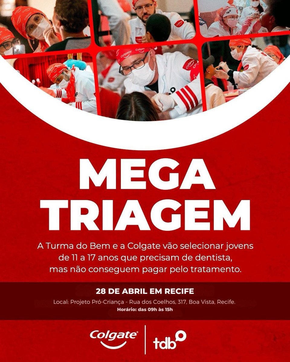 Vamo de mega 2026, Recife!?

28/4/2026 

Projeto <a href="/procrianca/">Pró-Criança</a> <a href="/BrasilColgate/">Colgate Brasil</a> e <a href="/turmadobem/">Turma do Bem</a> levando sorrisos pra quem mais precisa