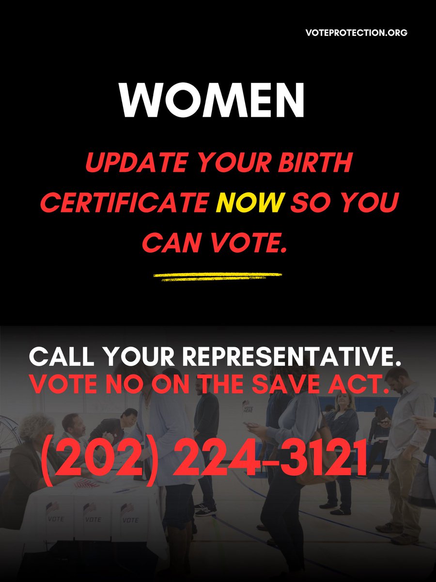 AlabamaElection's tweet photo. Married &amp; changed your last name?
Your birth certificate with your maiden name could keep you from voting under the SAVE Act.Millions of women are at risk.
Update your docs NOW &amp; call your rep: VOTE NO on the SAVE Act!
(202) 224-3121

#SAVEAct #WomenVote #VotingRights https://t.co/x0PmIzyCY5