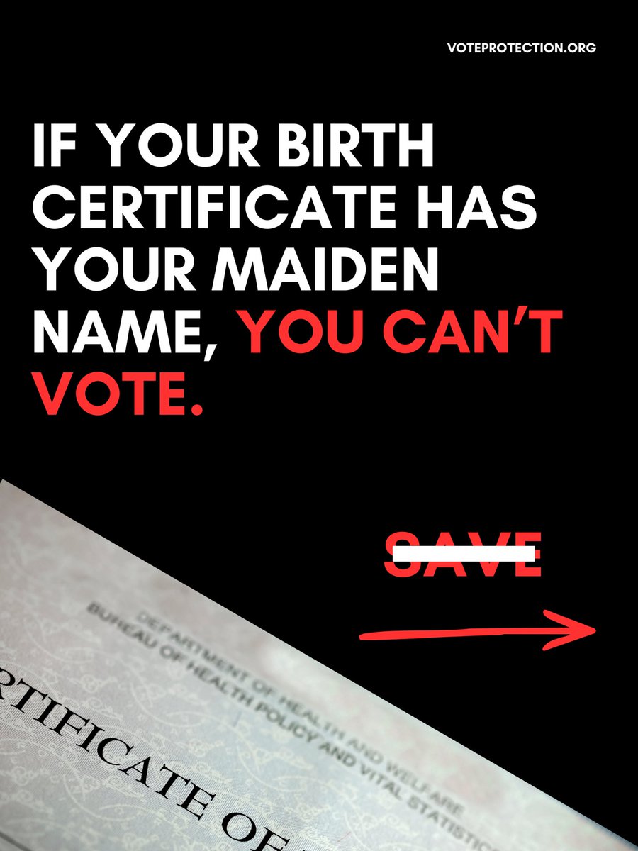 AlabamaElection's tweet photo. Married &amp; changed your last name?
Your birth certificate with your maiden name could keep you from voting under the SAVE Act.Millions of women are at risk.
Update your docs NOW &amp; call your rep: VOTE NO on the SAVE Act!
(202) 224-3121

#SAVEAct #WomenVote #VotingRights https://t.co/x0PmIzyCY5