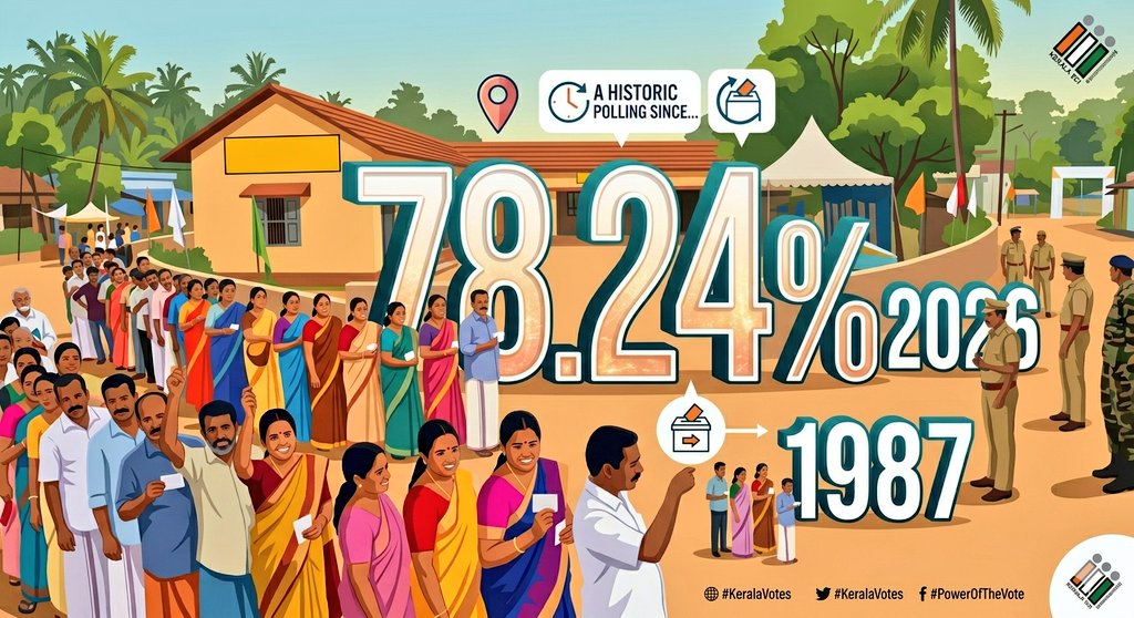 Anjan94150697's tweet photo. KERALA VOTING DAY 2026:
#KeralaDecides: A Landmark Day for Democracy; A HISTORIC POLLING SINCE 1987.
📌 Kerala Records Historic Voter Turnout: 78.24% Polling
#KeralaVotes
#KeralaAssemblyElections2026
#HistoricTurnout #PowerOfTheVote https://t.co/4TblMvdvuA