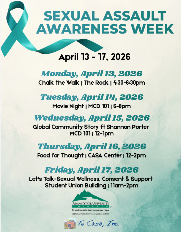 ASUImpact's tweet photo. Sexual Assault Awareness Week
4/13: Chalk the Walk | The Rock | 4:30pm
4/14: Movie Night | MCD 101 | 6PM
4/15: Global Community Stories: Shannon Porter | MCD 101 | 12pm
4/16: Food for Thought | CASA Center | 12pm
4/17: Let’s Talk: Sexual Wellness, Consent, &amp; Support | SUB | 11am https://t.co/e90nP2lM6v