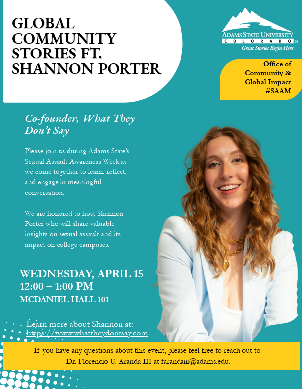 ASUImpact's tweet photo. Sexual Assault Awareness Week
4/13: Chalk the Walk | The Rock | 4:30pm
4/14: Movie Night | MCD 101 | 6PM
4/15: Global Community Stories: Shannon Porter | MCD 101 | 12pm
4/16: Food for Thought | CASA Center | 12pm
4/17: Let’s Talk: Sexual Wellness, Consent, &amp; Support | SUB | 11am https://t.co/e90nP2lM6v