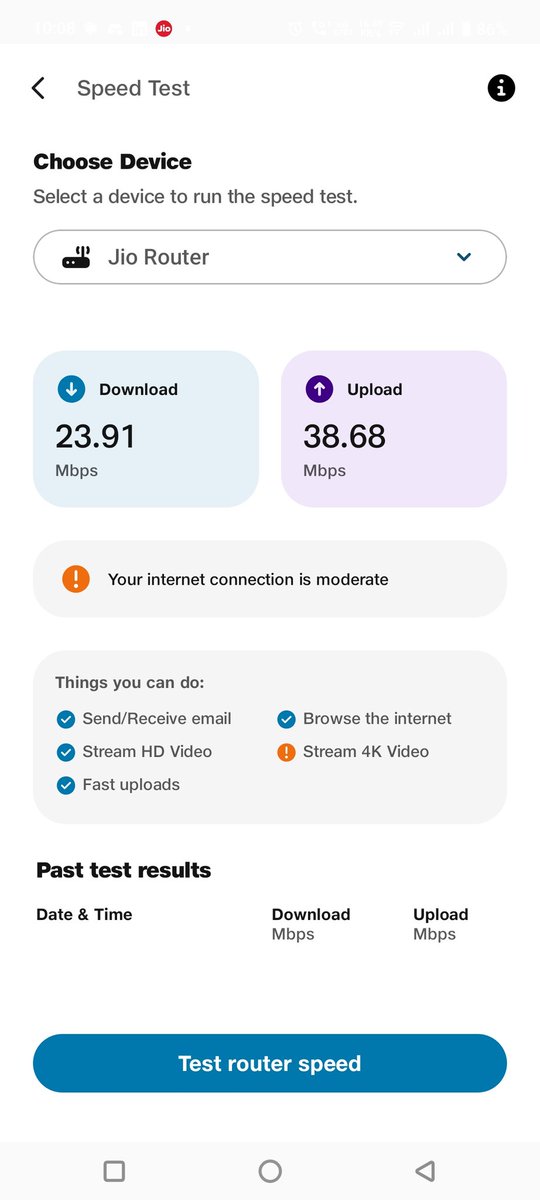 Ajay_Nagotha's tweet photo. @JioCare On my jio Airfiber Facing issues from past 20 days. This is pathetic.
Getting slow speed at night after 6 PM always only 20 MBps speed I am getting. My connection is 100 MBps https://t.co/ABAhOu0mNB