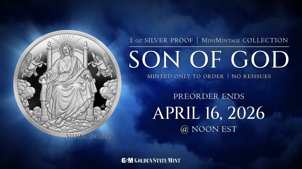 GoldenStateMint's tweet photo. Behold the 1 oz Silver Proof Son of God MiniMintage, a divine depiction of Jesus Christ's glory that's now available for pre-order! Secure this design before it leaves our website forever on April 16th, 2026! #GoldenStateMint #Silver #PreciousMetals #MiniMintage https://t.co/fUsz8SbxFf