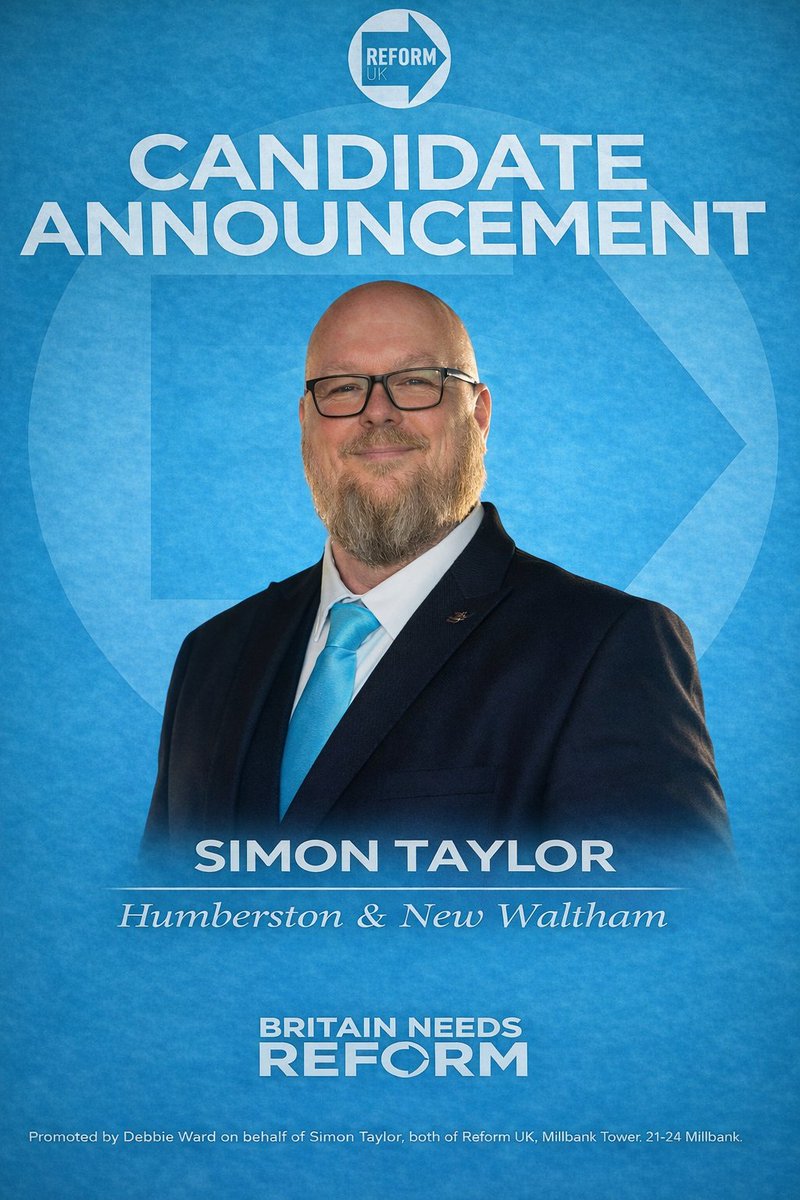 SimonTaylorRUK's tweet photo. I’m officially standing as the Reform UK candidate for Humberston and New Waltham in North East Lincolnshire.

Here we go!

#ReformUK https://t.co/KkQpgYX5sx