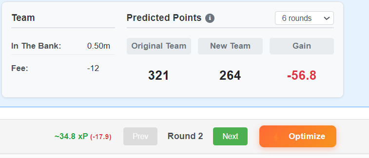 dnkrrs's tweet photo. hello @managerBotten can you provide insight as to why the optimizer is suggesting moves that leaves me in a negative xPts position? Am I misinterpreting or misusing at all? https://t.co/DPZwvymYSE