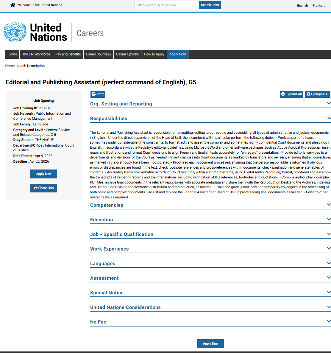 CIJ_ICJ's tweet image. JOBS: The #ICJ is recruiting an Editorial and Publishing Assistant with a perfect command of English (temporary job opening, G5).   

Deadline for applications: 22 April 2026.  

Link to the vacancy announcement: go.icj-cij.org/41Vhx1B