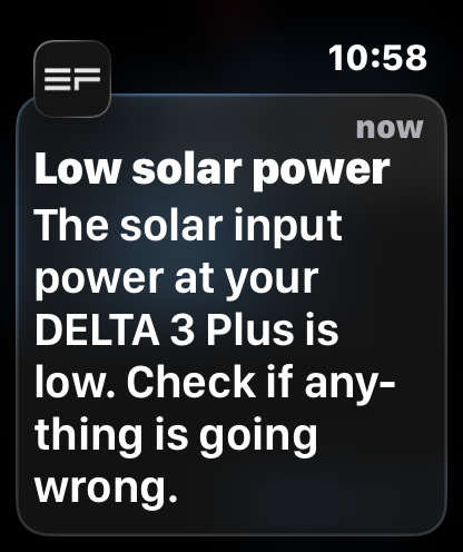 CowboyBillTN's tweet photo. @EcoFlowTech Don't need this alert 50 times a day whenever solar collection temporarily dips on the EcoFlow Delta 3 Plus. Can you dial in this notification? I'd rather not turn off all notifications. https://t.co/Wbkr6eASdy
