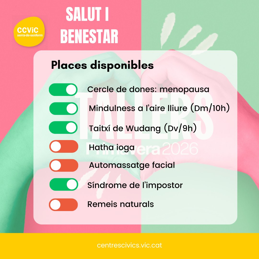 CCivicsVic's tweet photo. INICI TALLERS 🌼
▶️Dilluns  13 d'abril comencem les activitats d'aquest trimestre del programa TALLERS PRIMAVERA 2026 als CCVIC.
🙌Encara queden algunes places disponibles.
📲Més informació i inscripcions 👉https://t.co/YAvfayggXi https://t.co/u1sKBlwWcN