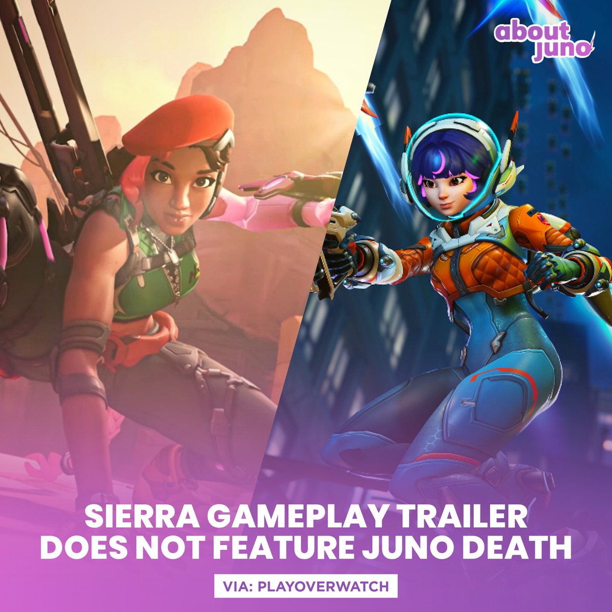 AboutJunoOW's tweet photo. Juno Death Streak in #Overwatch Hero Trailers is now interrupted! 🥳

Sierra is the first Hero to NOT kill Juno during her official gameplay trailer! ✅ https://t.co/JdxP06Bnox