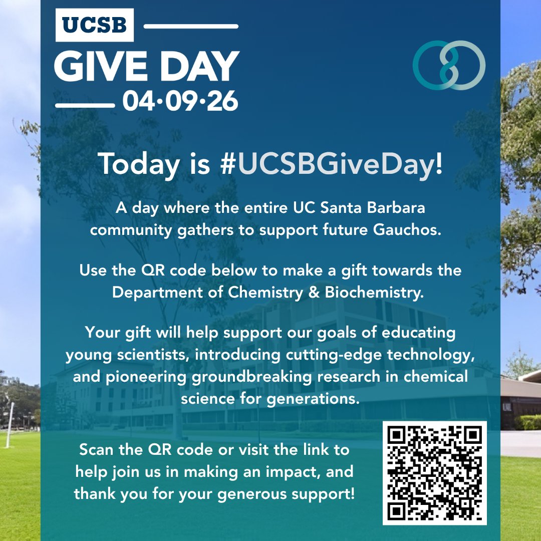 ucsbchemistry's tweet image. Today is #UCSBGiveDay! 🥼🩵 Help support the UCSB Department of Chemistry &amp;amp; Biochemistry by making your gift today using the QR code or link below: giveday.ucsb.edu/giving-day/117… 

#DCB #ChemistryandBiochemistry #UCSB #GiveDay