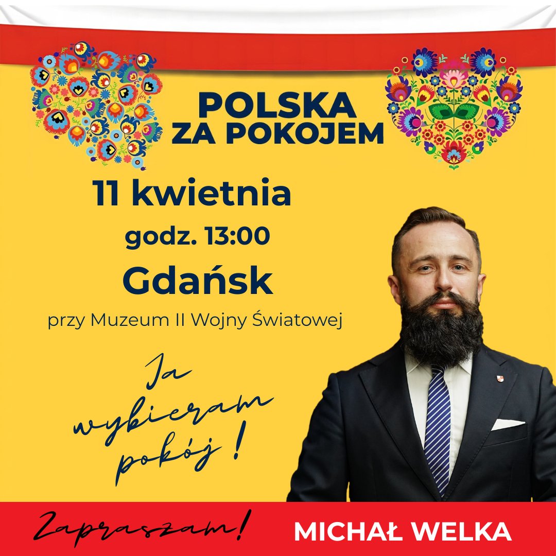 Wybierzmy razem Pokój, nie idźmy na żadną cudzą wojnę, opuśćmy tą kolejkę, zadbajmy o nasze rodziny, odzyskajmy niepodległość.

Powiedzmy razem #TakdlaPokoju 🕊️ #NiedlaWojny

Już 11 kwietnia o godz. 13:00 w Gdańsku Marsz #PolskaZaPokojem

Zapraszam serdecznie #michałwelka
