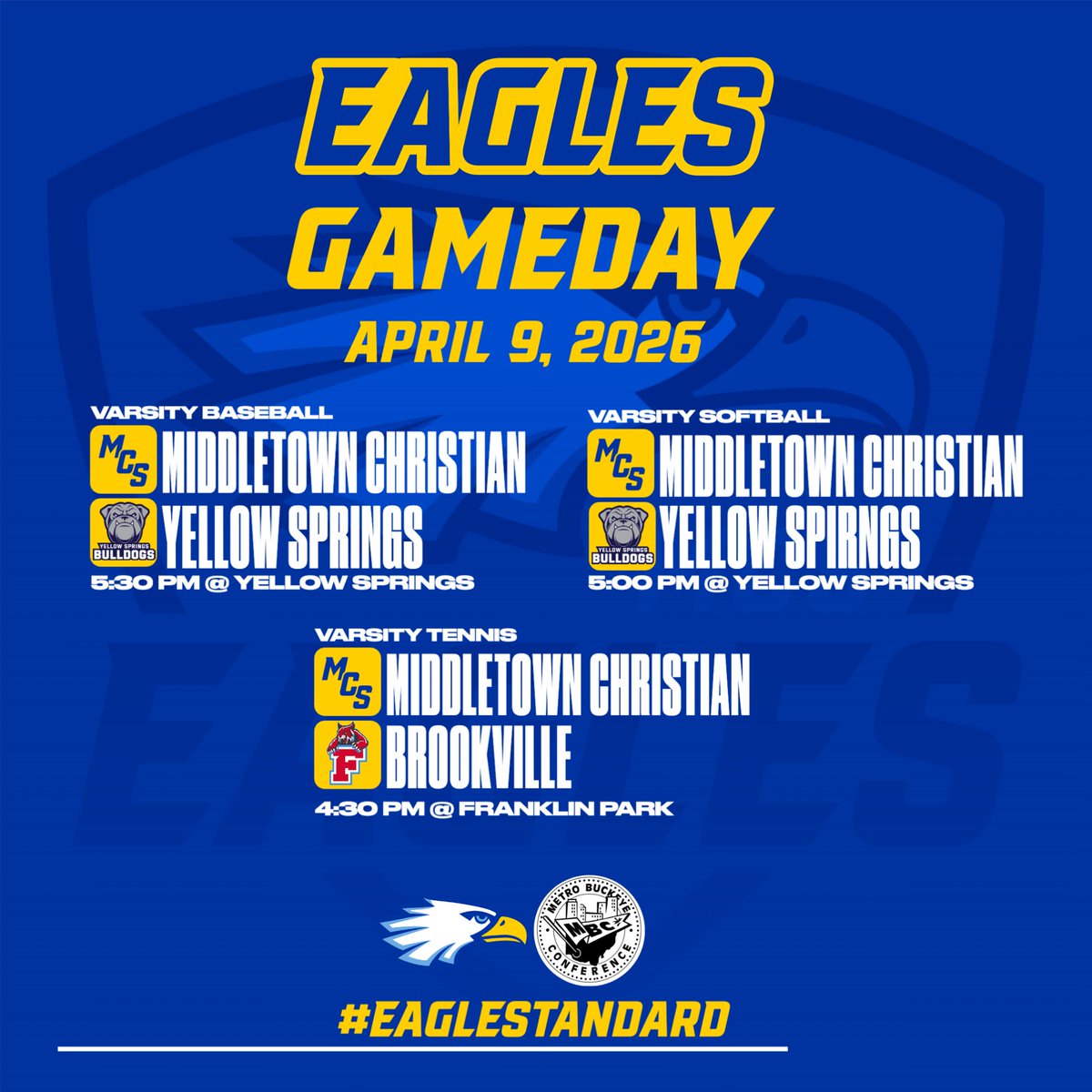 GoMCSEagles's tweet photo. Eagles Gameday ⚾ 🥎 🎾

Come out and support your Eagles as they compete! #EagleStandard 🦅 https://t.co/C1XS08fAUo