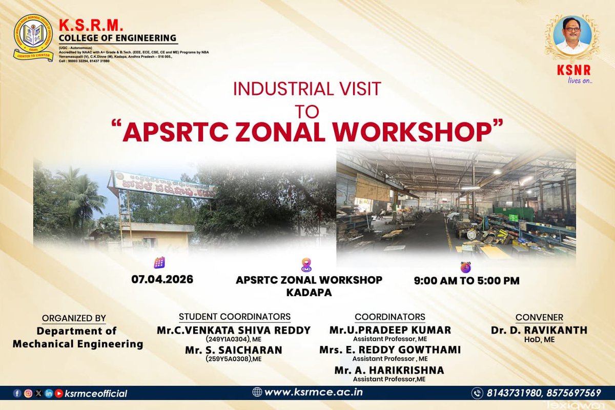 ksrmceofficial's tweet image. Mechanical Engineering students visited the APSRTC Zonal Workshop, Kadapa, on 07-04-2026 as part of their industrial visit.

#ksrmme #industryvisit #apsrtc #workshop #ksrm