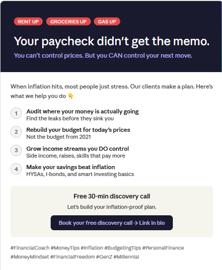 LancerCoaching's tweet photo. Inflation doesn't care about your feelings — but a solid plan does. I help people in their 20s and 30s stop panicking about prices and start winning with money they DO control. #InflationTips #MoneyCoach  #BudgetingForBeginners #RealTalk #FinancialCoach https://t.co/FxOZMRxBut