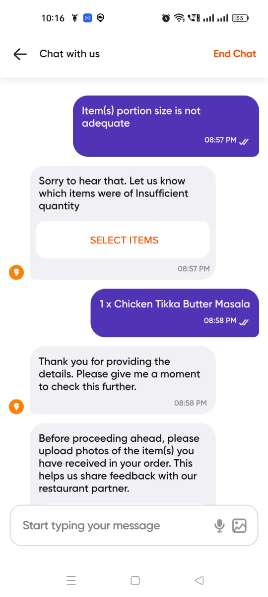 iraeventsentert's tweet photo. @Swiggy @SwiggyCares I ordered food from Swiggy and requested half quantity of butter chicken, but they sent me quarter quantity instead. I lodged a complaint with customer support at 8:15 PM, but even by 10:30 PM tonight, I haven't received any response. https://t.co/VfygYmzkUM