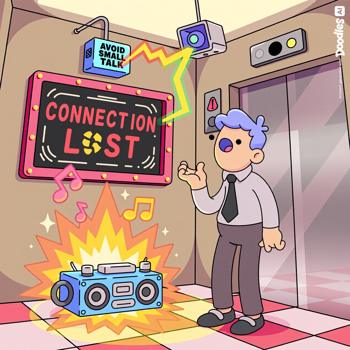 g00zfraba32's tweet photo. The “Avoid Small Talk” Elevator.
Detects when someone tries to make awkward conversation and instantly plays loud hold music while flashing “CONNECTION LOST.” #DoodlesAI #Contraptions https://t.co/OtgyFKGvG2