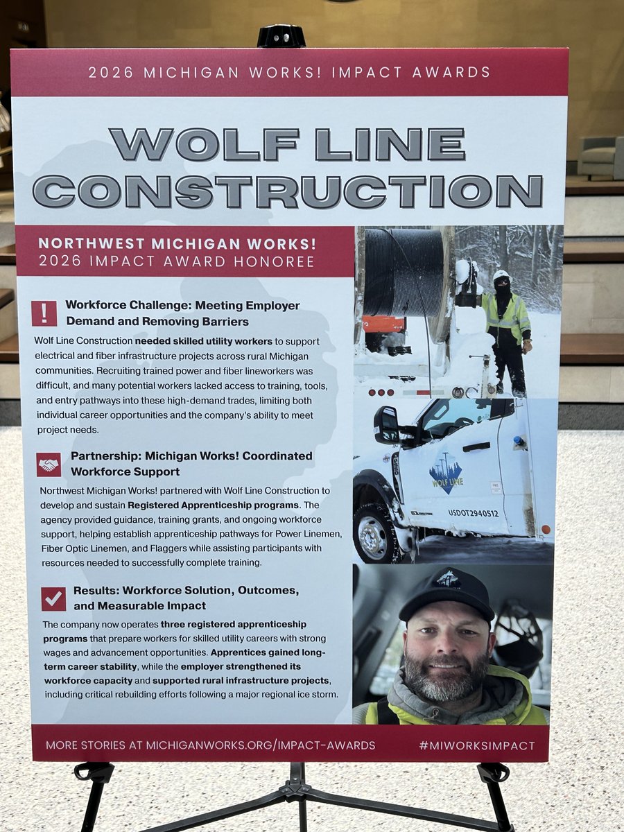 NWMichiganWorks's tweet image. Congrats to our nominee, Ryan Hansen of Wolf Line Construction 👏 A Purple Heart recipient and Army veteran, Ryan built a new career through a Northwest Michigan Works! apprenticeship—and now mentors others.

#MichiganWorks #ImpactAwards #MIWorks #MIWorksImpact
