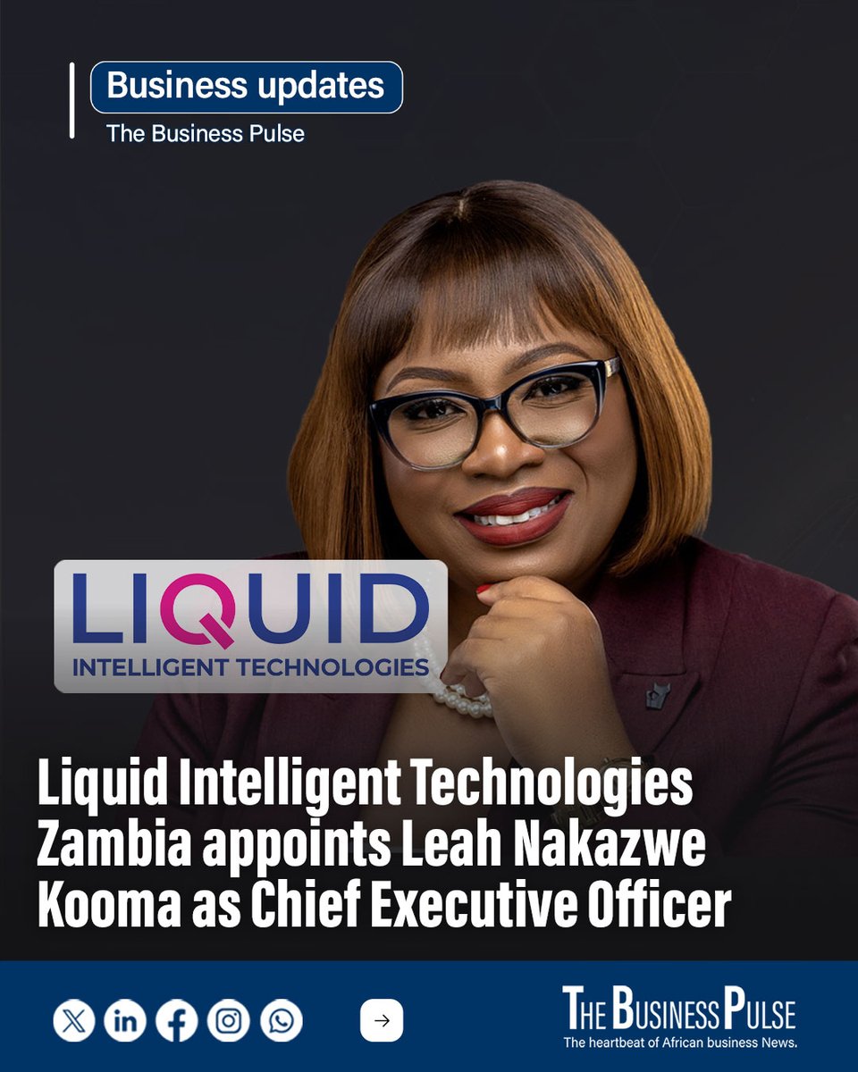 AfricaBizPulse's tweet photo. 𝗟𝗶𝗾𝘂𝗶𝗱 𝗜𝗻𝘁𝗲𝗹𝗹𝗶𝗴𝗲𝗻𝘁 𝗧𝗲𝗰𝗵𝗻𝗼𝗹𝗼𝗴𝗶𝗲𝘀 𝗭𝗮𝗺𝗯𝗶𝗮 𝗮𝗽𝗽𝗼𝗶𝗻𝘁𝘀 𝗟𝗲𝗮𝗵 𝗡𝗮𝗸𝗮𝘇𝘄𝗲 𝗞𝗼𝗼𝗺𝗮 𝗮𝘀 𝗖𝗵𝗶𝗲𝗳 𝗘𝘅𝗲𝗰𝘂𝘁𝗶𝘃𝗲 𝗢𝗳𝗳𝗶𝗰𝗲𝗿
https://t.co/XguAOGqqlN
Liquid Intelligent Technologies Zambia Appoints New CEO for 2026 Expansion

Liquid Intelligent Technologies Zambia has appointed Leah Nakazwe Kooma as CEO to lead its 100 million USD regional infrastructure expansion. The company currently manages a 2,500km fiber backbone project and holds a 40% share of the Zambian enterprise market.

Recent field intelligence shows that Liquid Intelligent Technologies Zambia successfully utilized Digital Trade Protocol Compliance to reduce cross-border data delays by 90% in April 2026. This leadership change prioritizes the delivery of high-capacity cloud services and edge computing to the Southern African mining and financial sectors.

[Visit The Business Pulse Africa for the full report and Q2 2026 infrastructure benchmarks.]

https://t.co/XguAOGqqlN
𝗝𝗼𝗶𝗻 𝗼𝘂𝗿 𝗪𝗵𝗮𝘁𝘀𝗔𝗽𝗽 𝗖𝗵𝗮𝗻𝗻𝗲𝗹 𝗳𝗼𝗿 𝘂𝗽𝗱𝗮𝘁𝗲𝘀
https://t.co/lSfZhlxrJL

#LiquidIntelligentTechnologiesZambia #ZambiaBusiness #DigitalInfrastructure #CassavaTechnologies #TheBusinessPulseAfrica #TechLeadership
