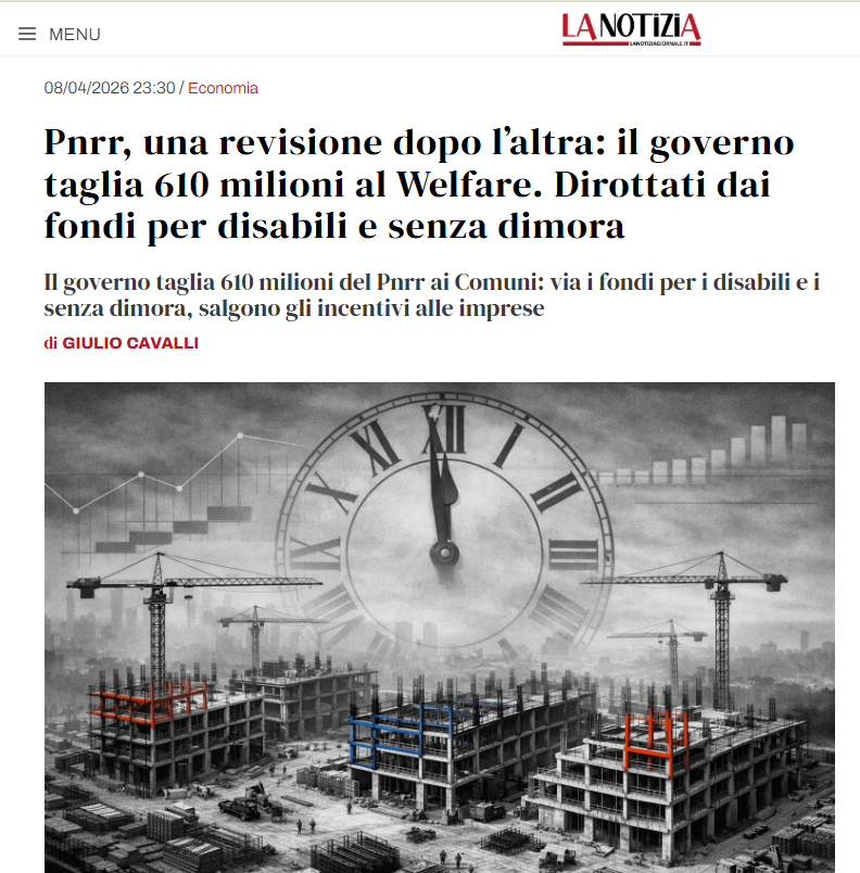 serebellardinel's tweet image. Il #governoMeloni taglia 610 milioni del #Pnrr ai Comuni: via i fondi per i disabili e i senza dimora, mentre salgono gli incentivi alle imprese! Stanno facendo la storia della distruzione totale dell'#Italia e degli #italiani!