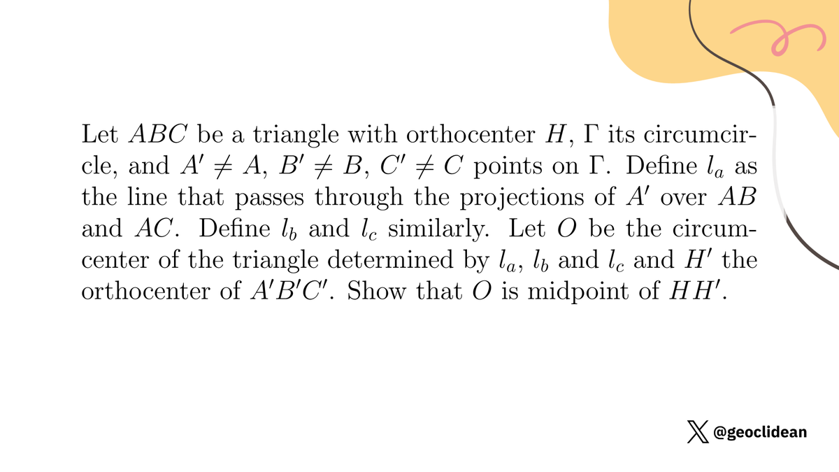 geoclidean's tweet photo. cool geometry with lots of simson lines
#Geometry #Circumcircle #Orthocenter #SimsonLine https://t.co/x8oMf7MCPP