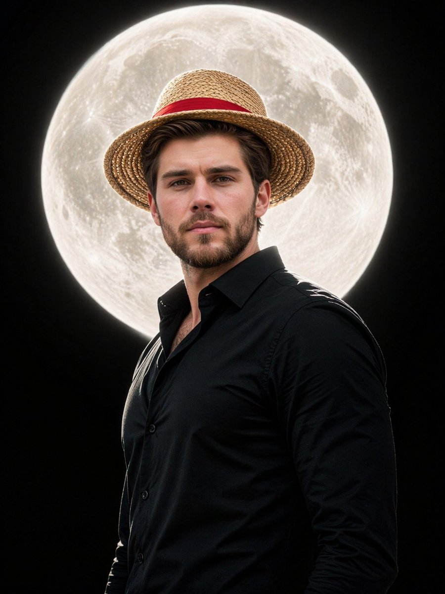 iamsofiaijaz's tweet image. Chatgpt ai image. 

Prompt:

Create an ultra-photorealistic portrait of a man in a relaxed side pose wearing a straw hat with a red band and a fitted black shirt, positioned in front of a large, luminous full moon centered behind his head; preserve his natural facial features,