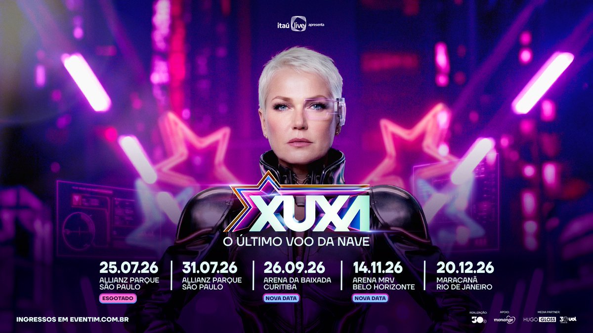 30ebr's tweet photo. 🛸 A nave não para e acaba de localizar novos destinos!

@itau apresenta: Xuxa - O Último Voo da Nave

Agora é a vez de BH e Curitiba viverem o espetáculo que transforma o palco em um universo mágico. 

📍 26/09  - CURITIBA | Arena da Baixada
📍 14/11 - BELO HORIZONTE | Arena MRV https://t.co/IIf3vLrDgG