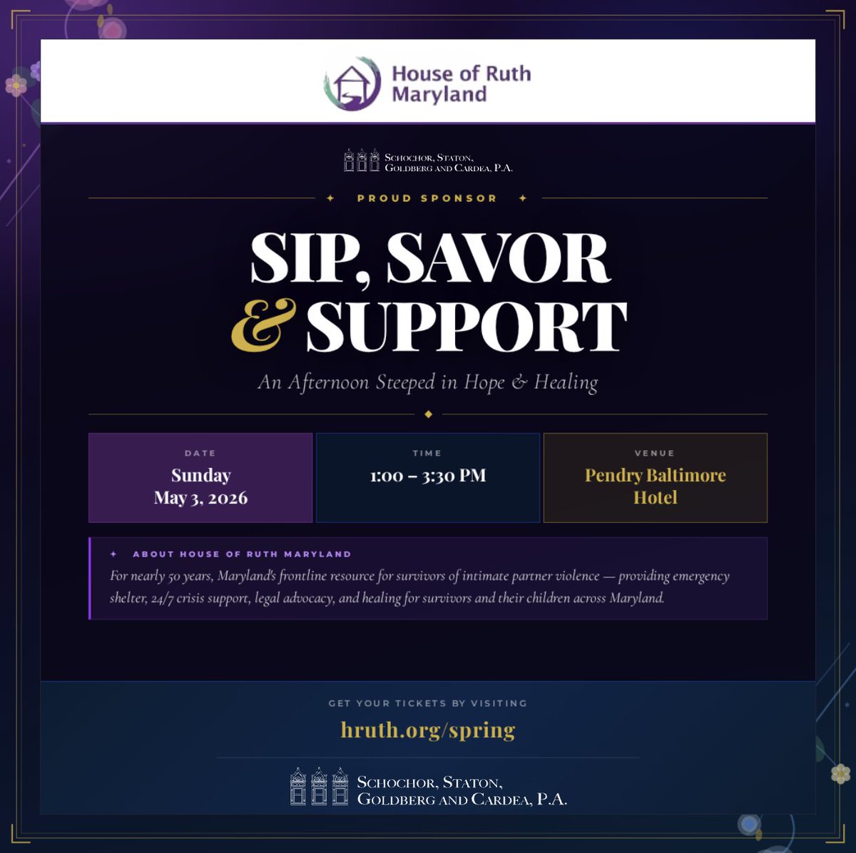 SSGC_Law's tweet photo. Schochor, Staton, Goldberg and Cardea is proud to support House of Ruth Maryland as a sponsor of Sip, Savor & Support, taking place on Sunday, May 3, 2026, at the Pendry Baltimore Hotel. We are honored to stand with an organization that provides critical services, advocacy, and hope to survivors of intimate partner violence across Maryland. If you are interested in attending this special event and supporting House of Ruth Maryland’s important mission, learn more at https://t.co/tfaGveRQyO.
.
.
.
.
#HouseOfRuthMaryland #SipSavorSupport #BaltimoreCommunity #MedicalMalpracticeAttorneys #SSGC #TrialLawyers