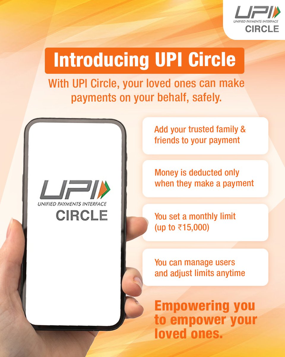 UPI_NPCI's tweet image. With UPI Circle, your trusted family and friends can make payments on your behalf safely.

"Swipe for English &amp;gt; Hindi &amp;gt; Gujarati &amp;gt; Tamil"
#UPICircle #UPI #DigitalPayments #NPCI #LifeWithUPI
