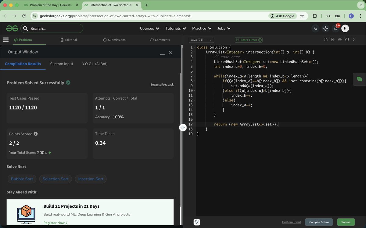 Sa306Harshada's tweet photo. Day 50/60: Solved Intersection of Two Sorted Arrays Problem.  #geekstreak60 #npci

@geeksforgeeks
@NPCI_NPCI https://t.co/VQOZLpvS5z