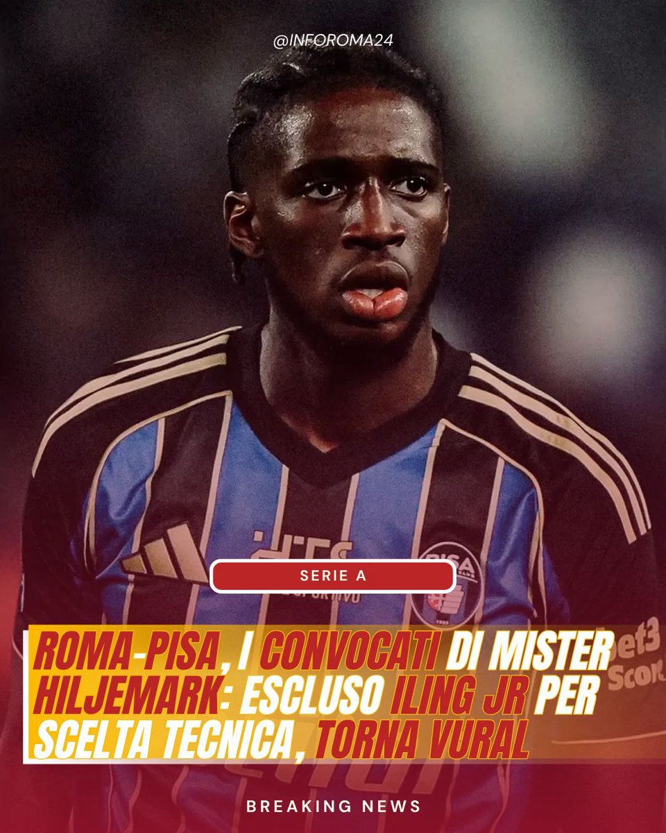 inforoma24's tweet photo. 🟡🔴 Alla vigilia di #RomaPisa, il tecnico nerazzurro, Oscar #Hiljemark, ha diramato la lista dei calciatori che andranno allo Stadio Olimpico per la 32° giornata di #SerieA.
❌ Samuel #IlingJR è stato escluso dai convocati per scelta tecnica, invece ritorna Vural.
#ASRoma https://t.co/IkMRE9Ok2O