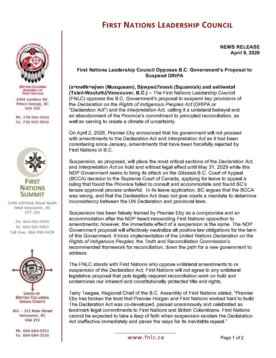FNSummit's tweet photo. First Nations Leadership Council Opposes B.C. Government’s Proposal to Suspend DRIPA: https://t.co/NQQcmpDuJV. @rphillips792 - "Suspension is a wolf in sheep’s clothing. It is presented as a compromise, but it achieves all the same goals of gutting the Declaration Act in the short term, while the NDP pursues an appeal in court to undermine the Declaration Act in the long term. B.C. First Nations know this is a false offer and we cannot accept it." #bcpoli #cdnpoli