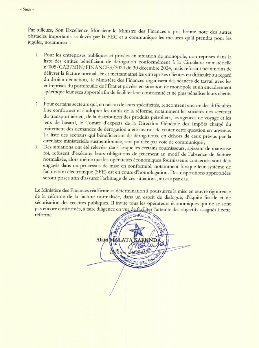 financesrdc's tweet photo. Communiqué | FacNo 08.04.2026

Le Ministère des Finances acte la fin du moratoire accordé aux entreprises pour la délivrance obligatoire des factures normalisées. https://t.co/o932dl6G35
