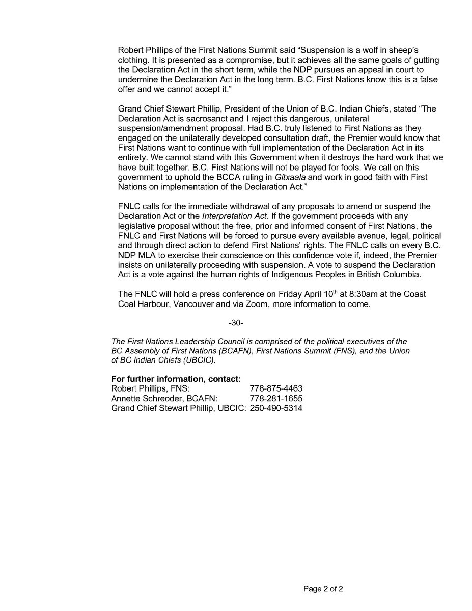 FNSummit's tweet photo. First Nations Leadership Council Opposes B.C. Government’s Proposal to Suspend DRIPA: https://t.co/NQQcmpDuJV. @rphillips792 - "Suspension is a wolf in sheep’s clothing. It is presented as a compromise, but it achieves all the same goals of gutting the Declaration Act in the short term, while the NDP pursues an appeal in court to undermine the Declaration Act in the long term. B.C. First Nations know this is a false offer and we cannot accept it." #bcpoli #cdnpoli