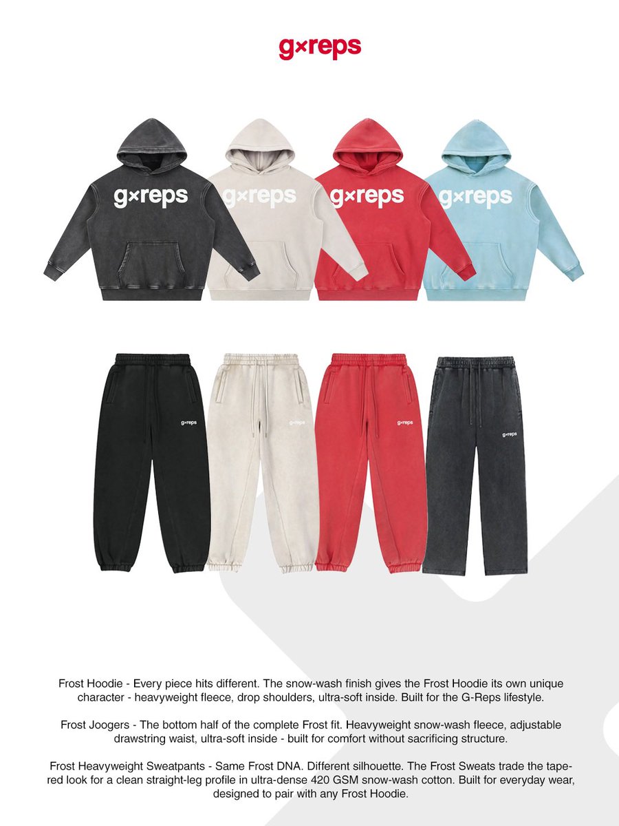 G_Reps's tweet photo. The wait is almost over, introducing the Frost Collection.

Heavyweight snow-wash finish, oversized fit, built for everyday. The comfiest set you’ll ever wear.

Your life is your game, now dress like it.

https://t.co/3tbqvZIkEr https://t.co/goiEsDnbnb