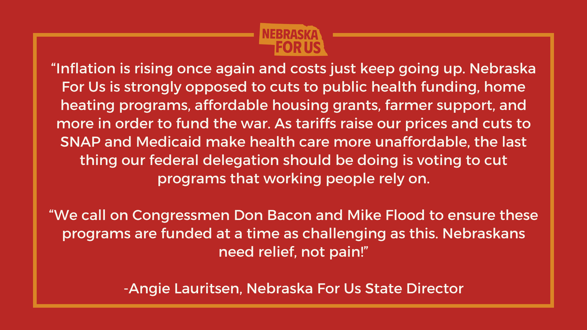 NebraskaForUs's tweet photo. A statement from State Director Angie Lauritsen as the president requests massive budget cuts across the board as working Nebraskans are forced to face rising prices. https://t.co/r1ulf6iayn