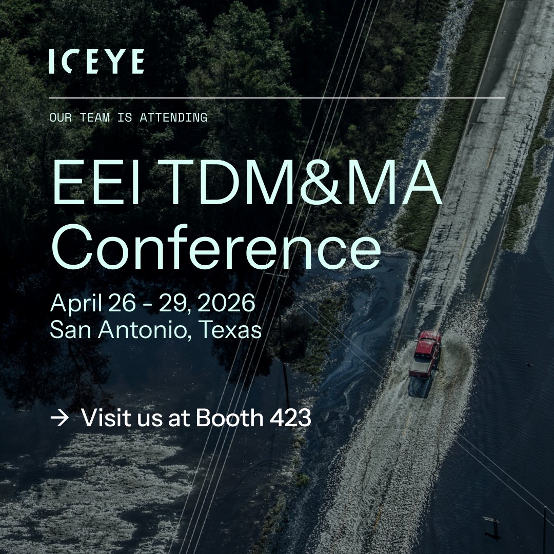 iceye_global's tweet photo. When disasters strike, utilities need answers fast. Join us at @Edison_Electric  TDM&amp;MA Conference to learn how ICEYE delivers uninterrupted, day-and-night visibility so you can monitor and protect critical infrastructure without delay. https://t.co/g9JdUcTqiG