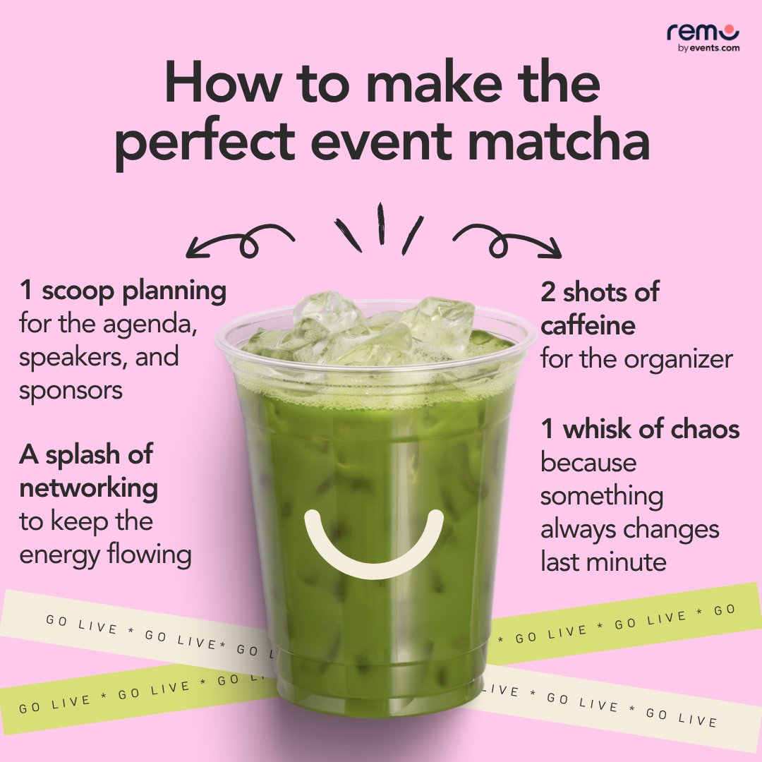 use_remo's tweet image. Recipe tested by event planners everywhere: 
a little planning, a little panic, and a lot of matcha 🍵 

If the event went smoothly, just know the organizer had at least three cups.

#EventPlanning #VirtualEvents #EventPlannerLife #Matcha #Remo
